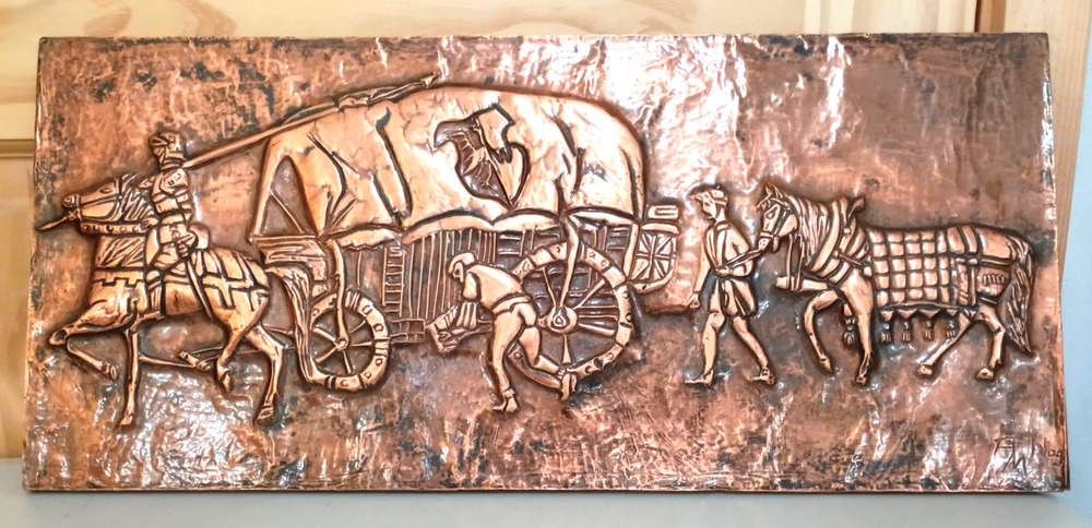 VTG Hammered Copper Medieval Horses Wagon Wrapped 3-D Wall Art Picture 10x23"MCM